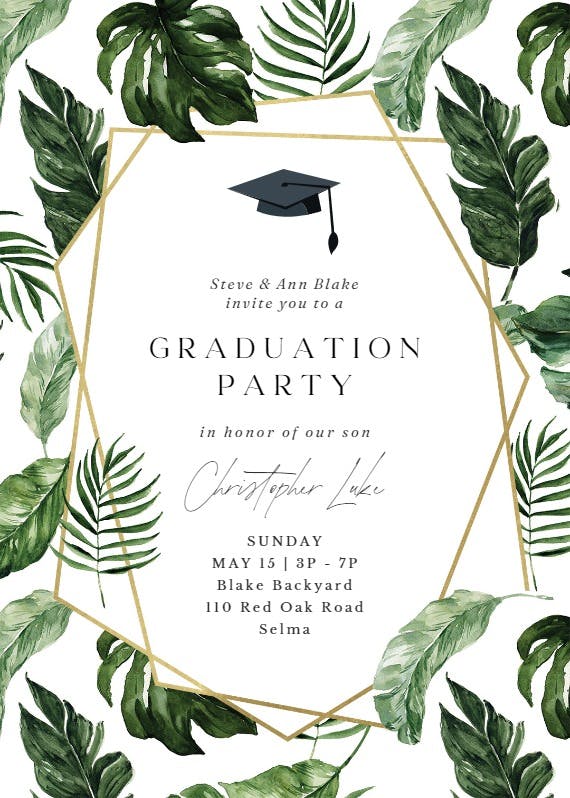 Tropical leaves - graduation party invitation