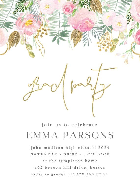 Whimsical pink & gold flowers - graduation party invitation