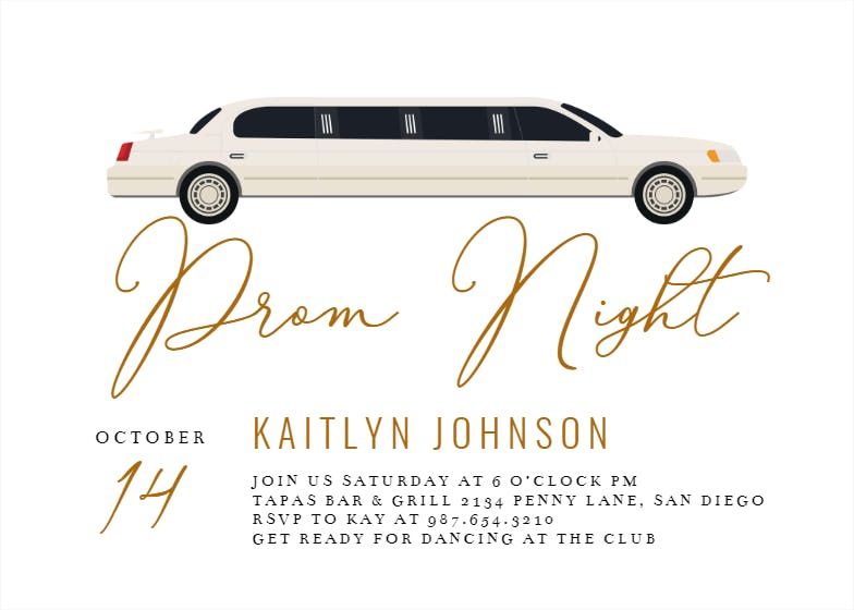 Limo prom night - party invitation