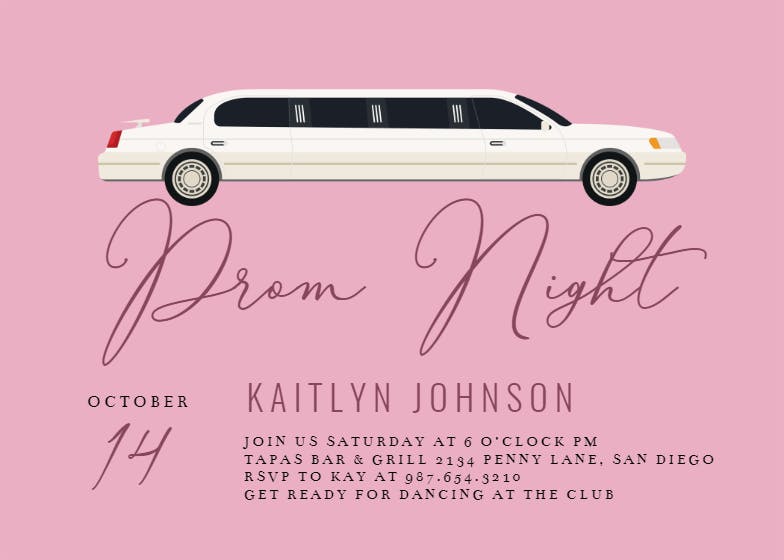 Limo prom night - party invitation