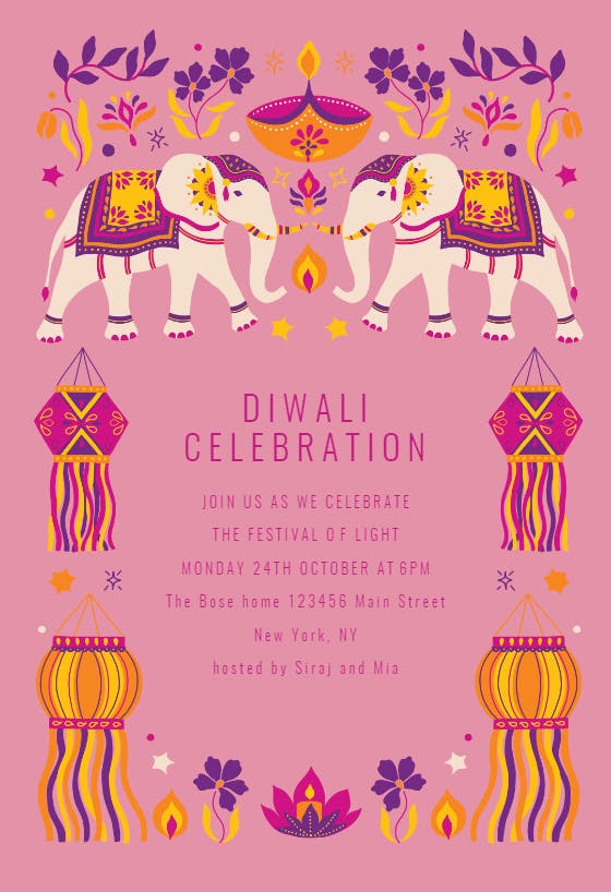 Ornamental elephant frame - invitación para el festival de diwali