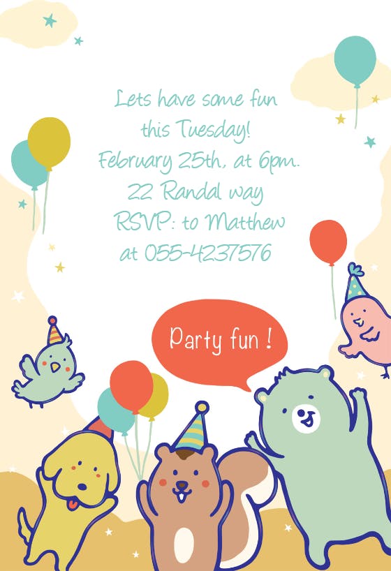 Party fun animals -  invitación de fiesta