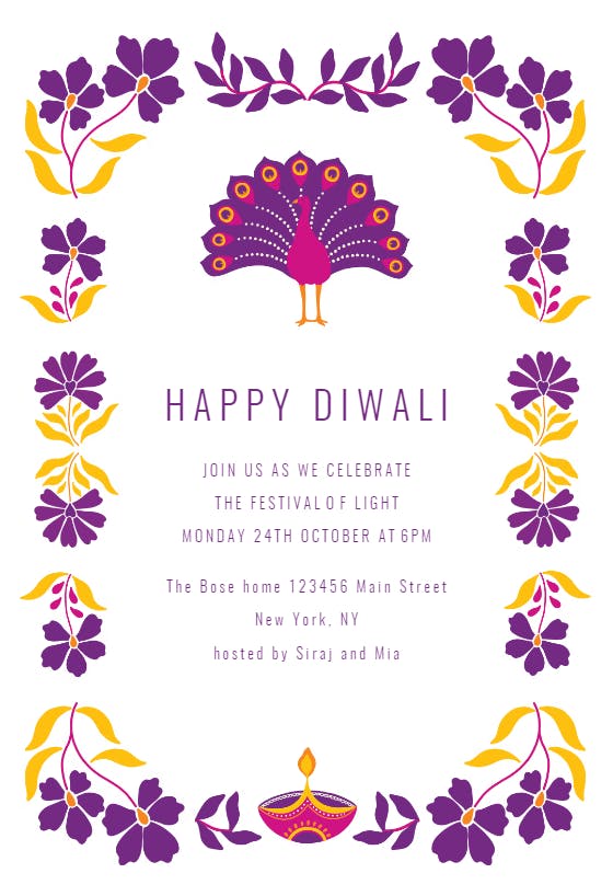 Peacock with floral frame - invitación para el festival de diwali