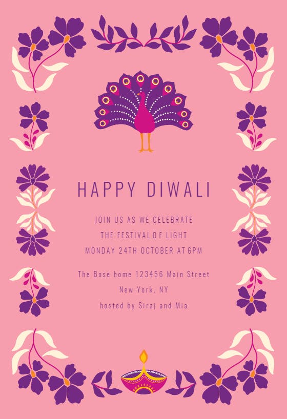 Peacock with floral frame - diwali invitation