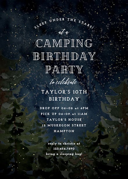 Rustic forest camping - sleepover party invitation