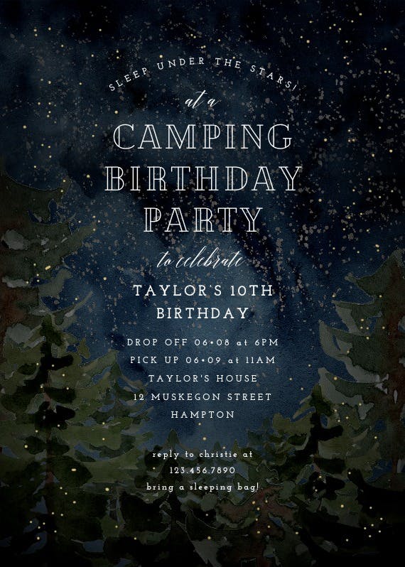 Rustic forest camping - sleepover party invitation