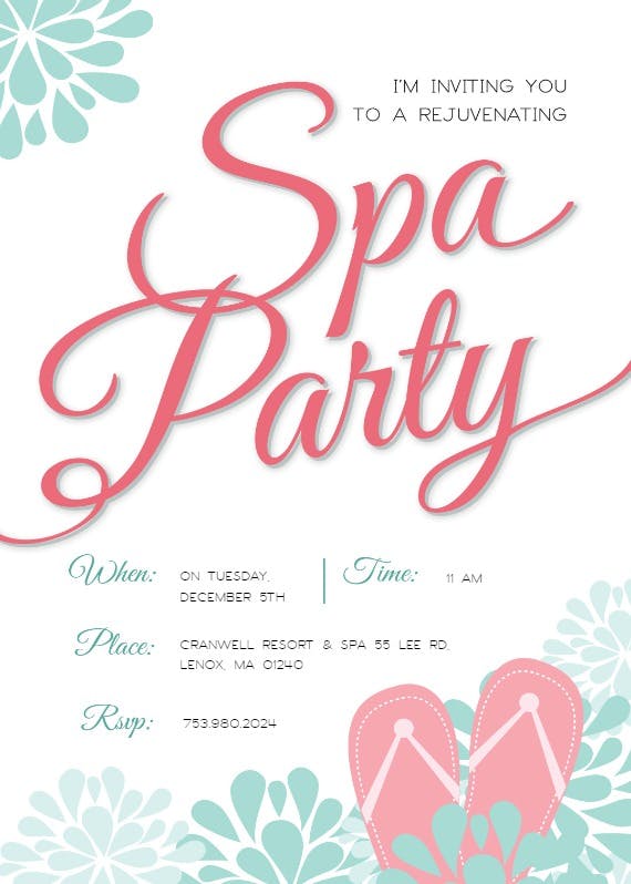 Spa splendors - party invitation
