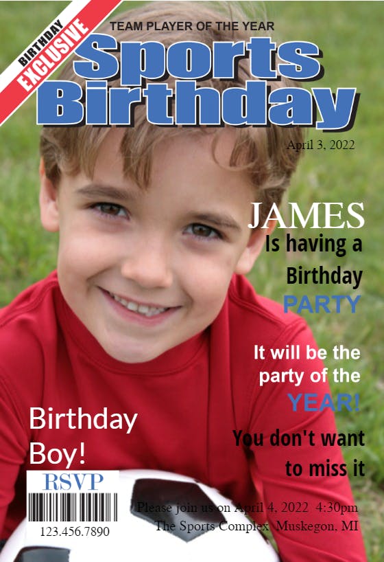 Sports star magazine cover -  invitación de fiesta de cumpleaños con foto