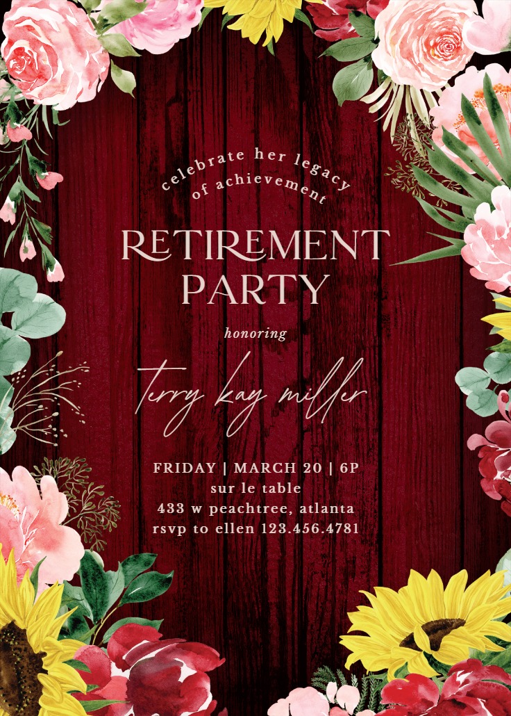 Burgundy Sunflower - Retirement & Farewell Party Invitation Template ...