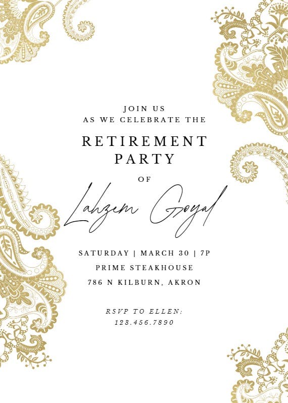 Elegant henna - retirement & farewell party invitation