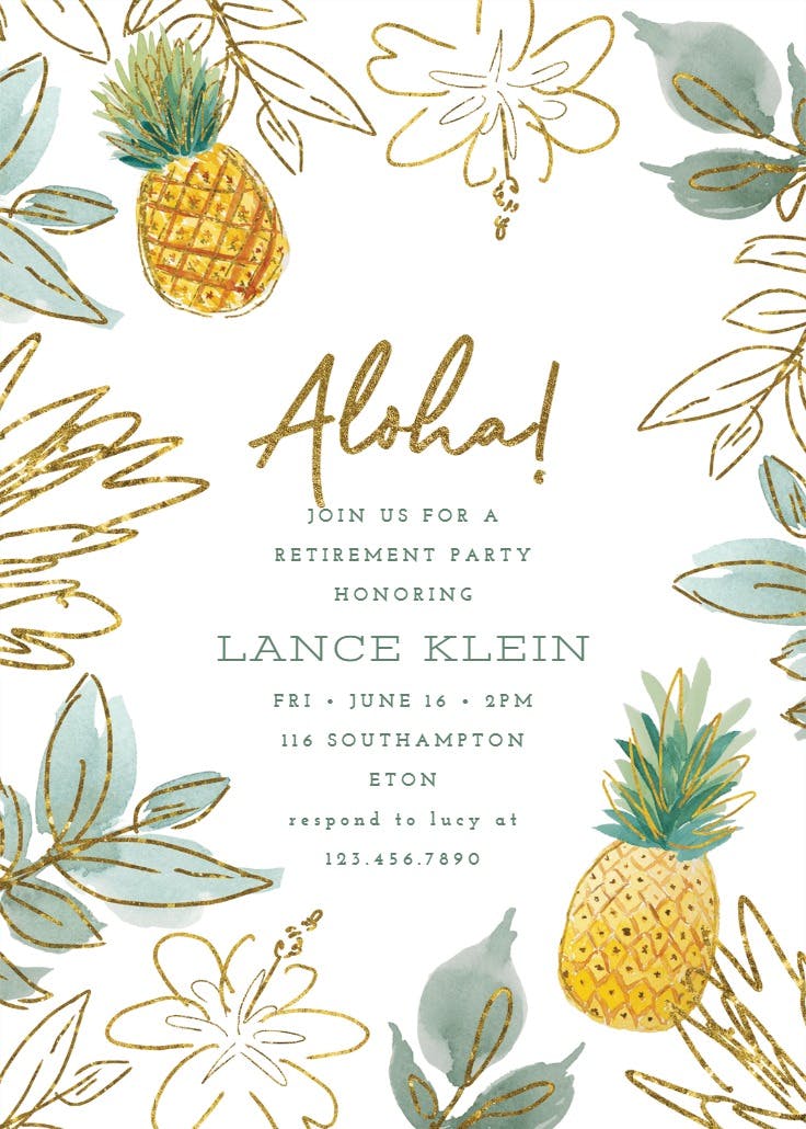 Gold glitter pineapple - retirement & farewell party invitation