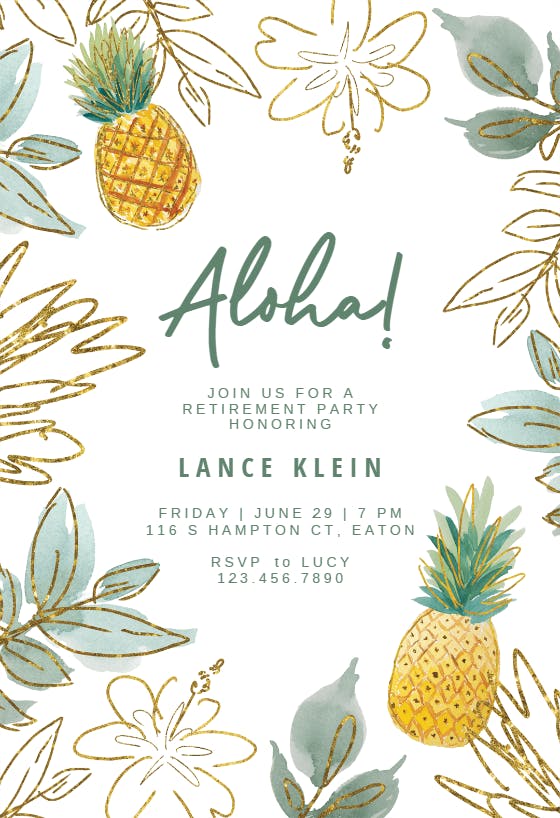 Gold glitter pineapple -  invitación para jubilación