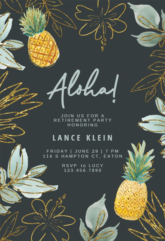 Gold glitter pineapple - retirement & farewell party invitation
