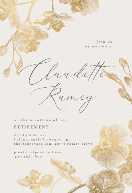 Gold Orchids - Retirement & Farewell Party Invitation