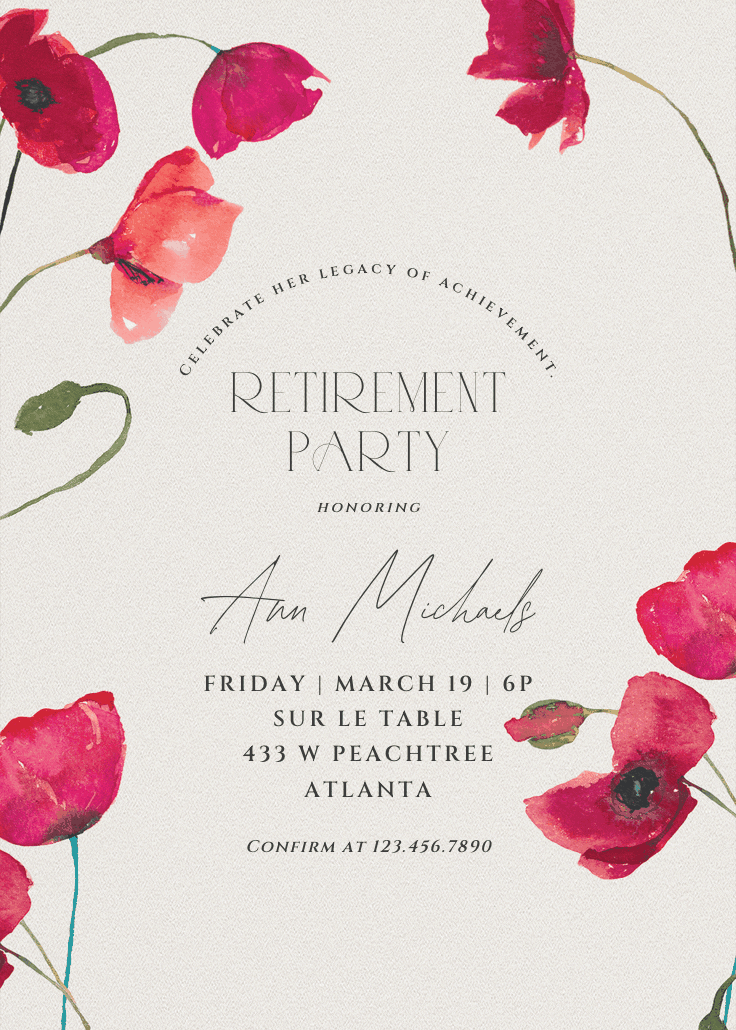 Red poppies - retirement & farewell party invitation