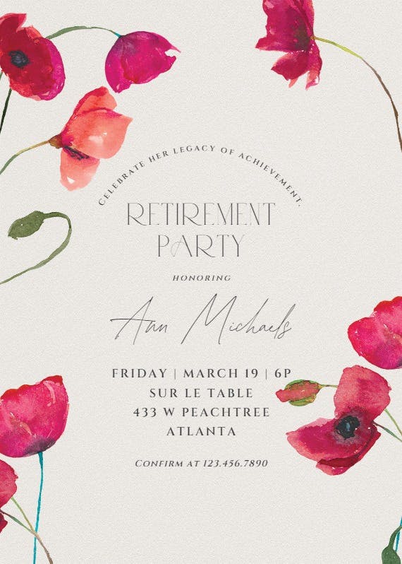 Red poppies - retirement & farewell party invitation