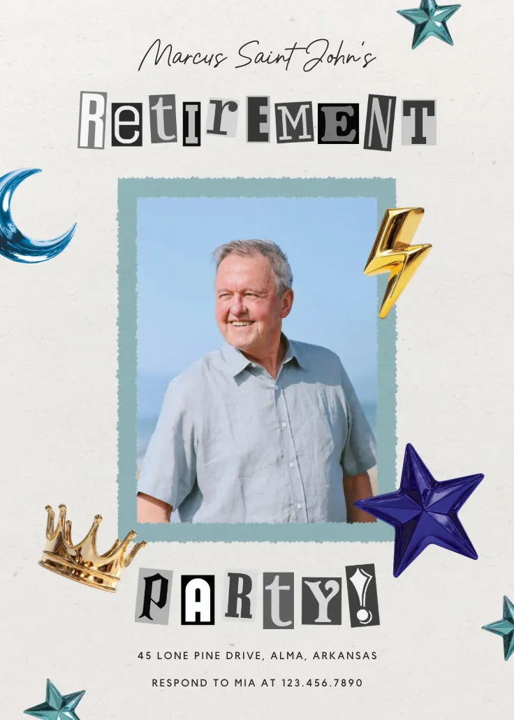 Retirement bash - приглашение на вечеринку по случаю выхода на пенсию и проводов