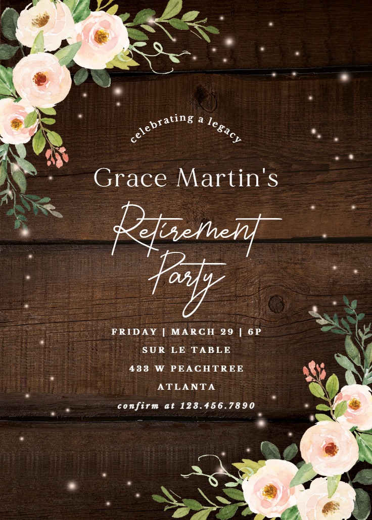 Sparkling rustic floral - Retirement & Farewell Party Invitation ...