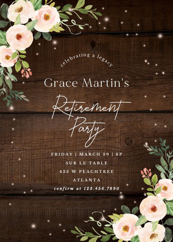 Sparkling rustic floral - retirement & farewell party invitation