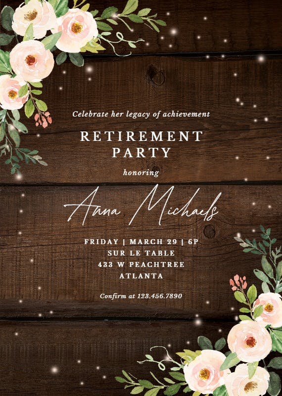 Sparkling rustic floral - retirement & farewell party invitation