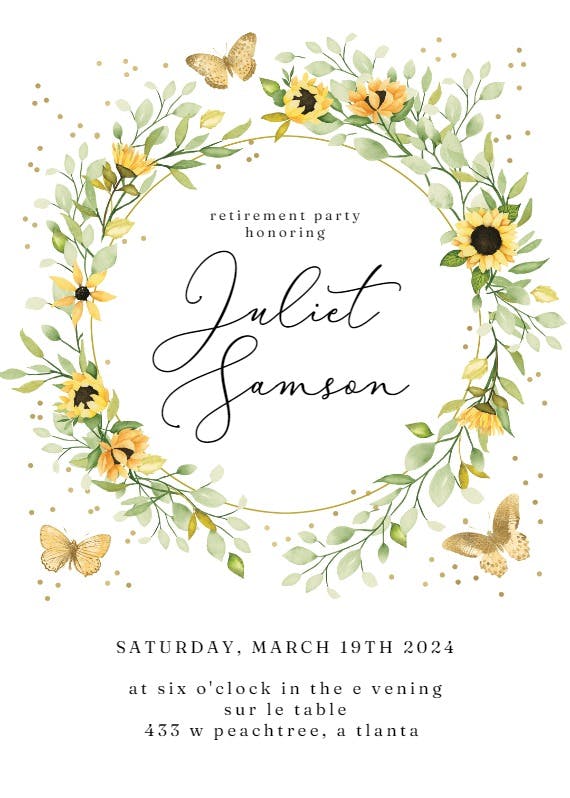 Sunflower wreath with butterflies - retirement & farewell party invitation