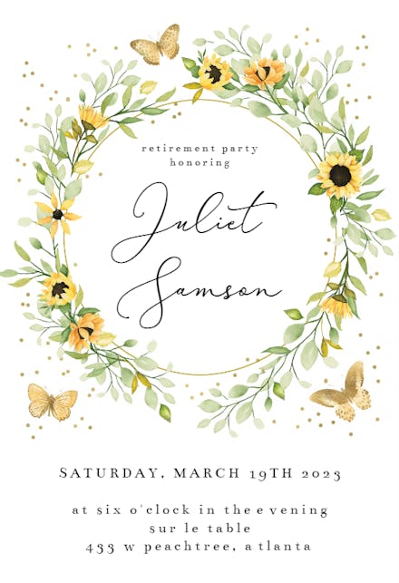 Sunflower Wreath with Butterflies - Retirement & Farewell Party Invitation