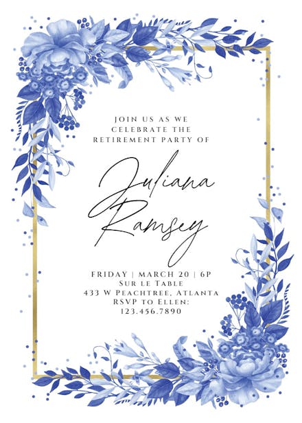 Surreal indigo bouquet - retirement & farewell party invitation
