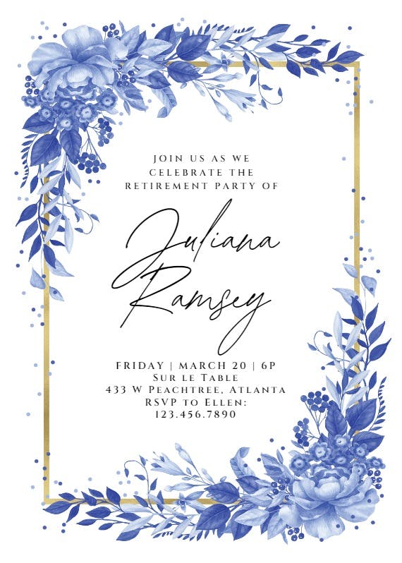 Surreal indigo bouquet - retirement & farewell party invitation