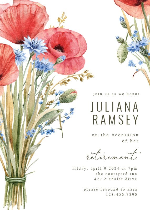 Watercolor poppies - retirement & farewell party invitation