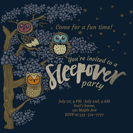 3 Owls - Sleepover Party Invitation