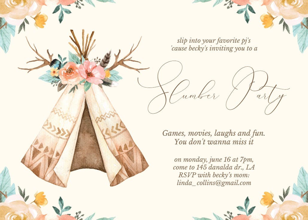 Boho tipi tent - sleepover party invitation