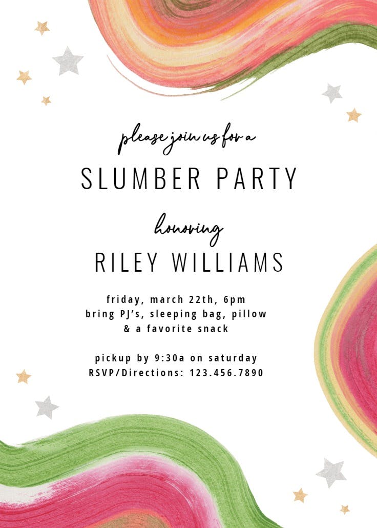 Colorful paint brushes - sleepover party invitation