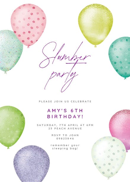 Foil & glitter balloons - sleepover party invitation