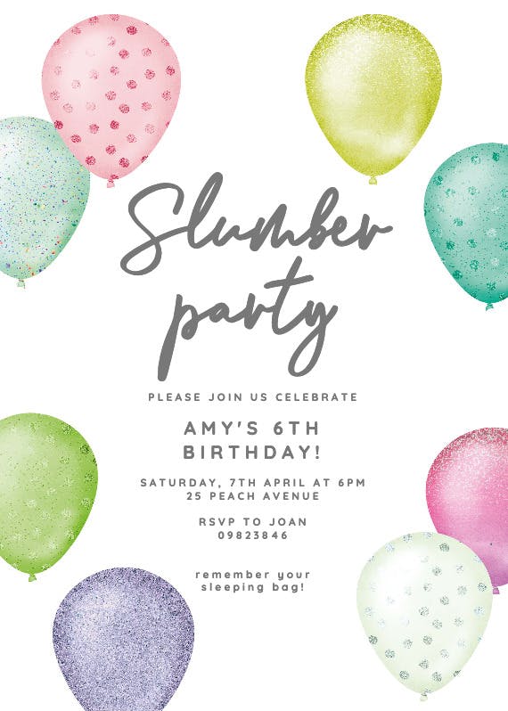Foil & glitter balloons -  invitación para pijamadas