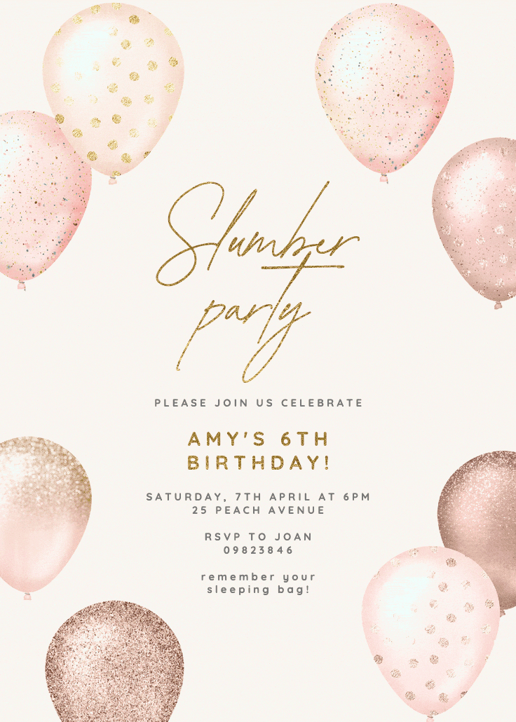 Foil & glitter balloons - sleepover party invitation