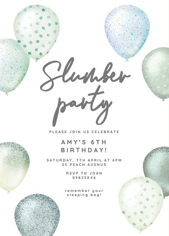Foil & glitter balloons - sleepover party invitation