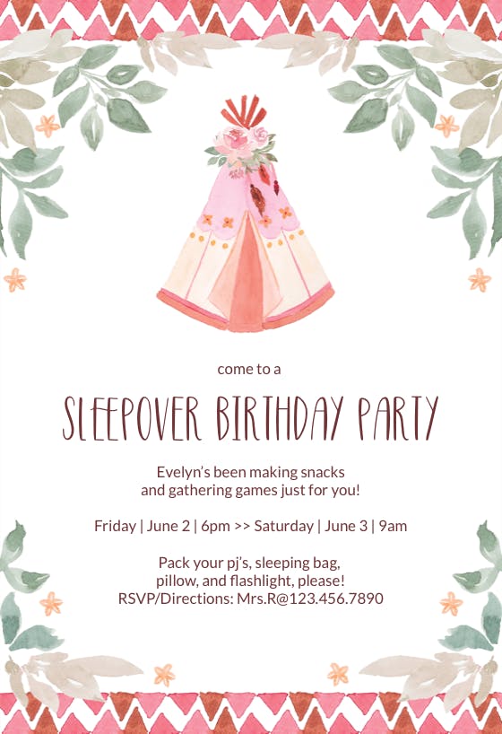 Glamping teepee - sleepover party invitation
