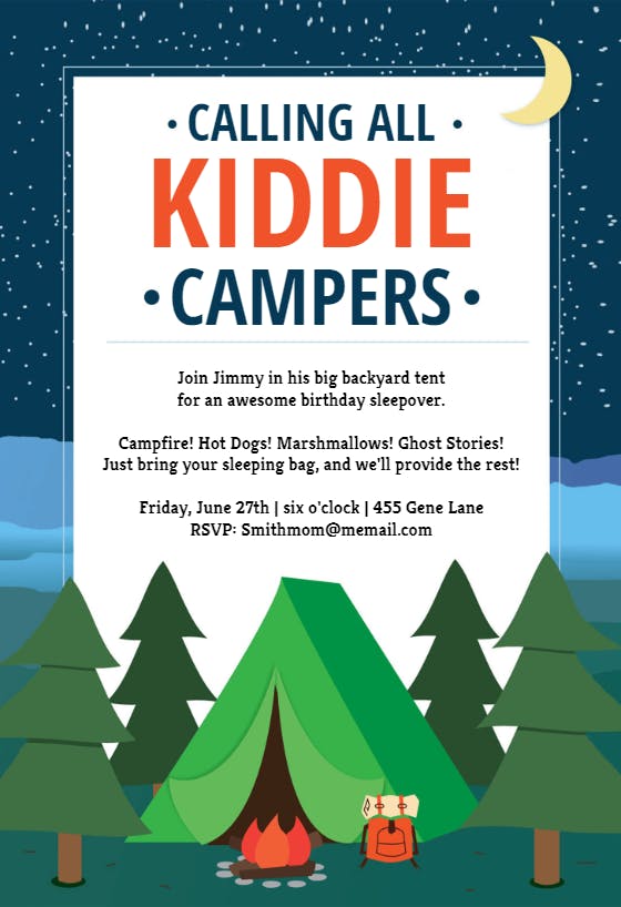 Kiddie camping - sleepover party invitation