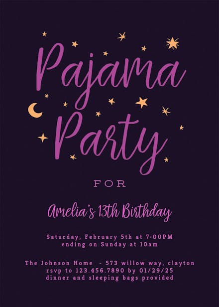 Pajama party - sleepover party invitation
