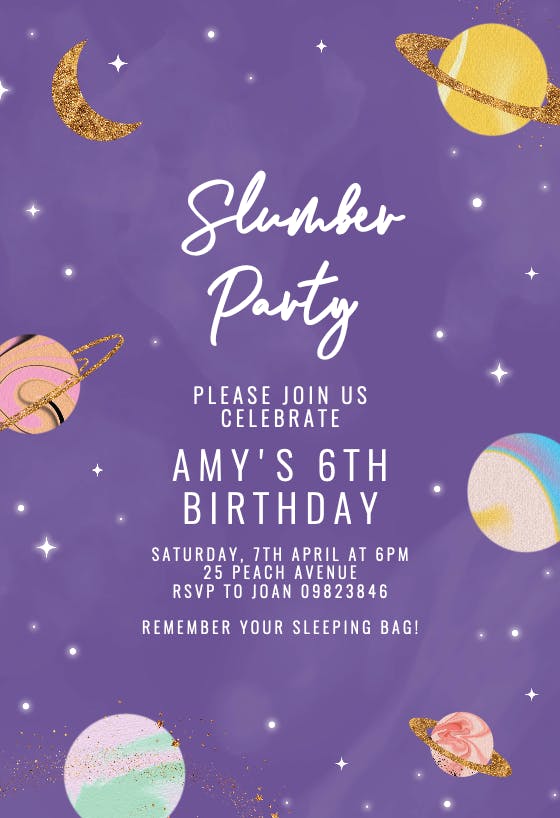 Solar power space - sleepover party invitation