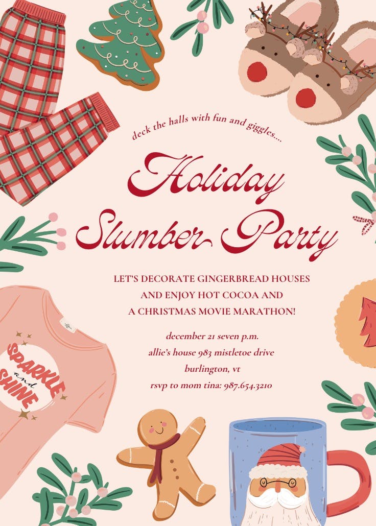 Xmas pjs - sleepover party invitation