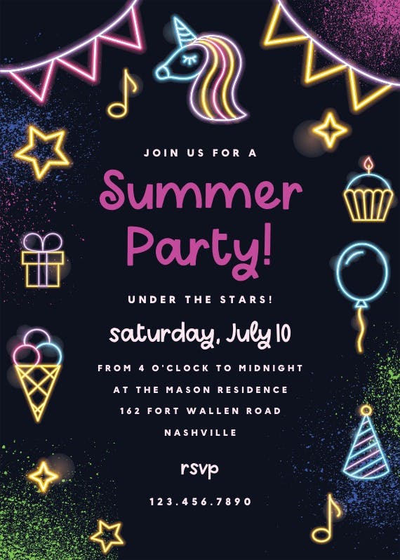 Neon glow party -  invitación para pool party