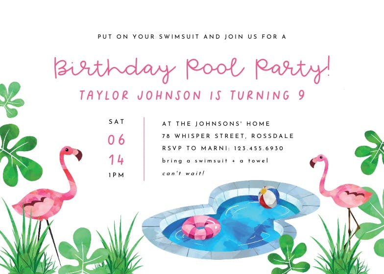 Pool and flamingo - pool party invitation