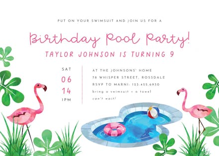 Pool and flamingo - pool party invitation