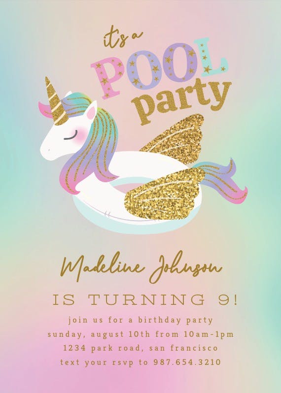 Unicorn pool birthday party -  invitación de cumpleaños