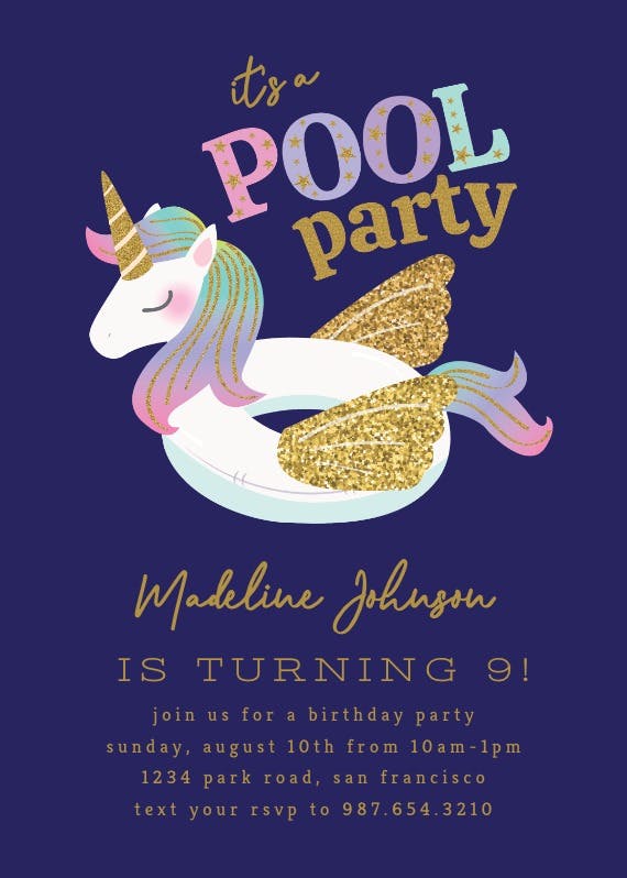 Unicorn pool birthday party - party invitation