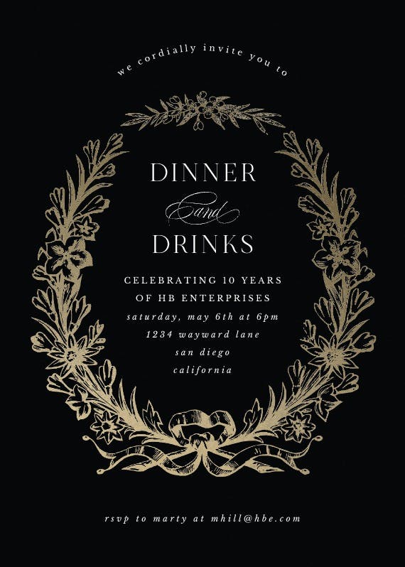 Golden wreath - dinner party invitation