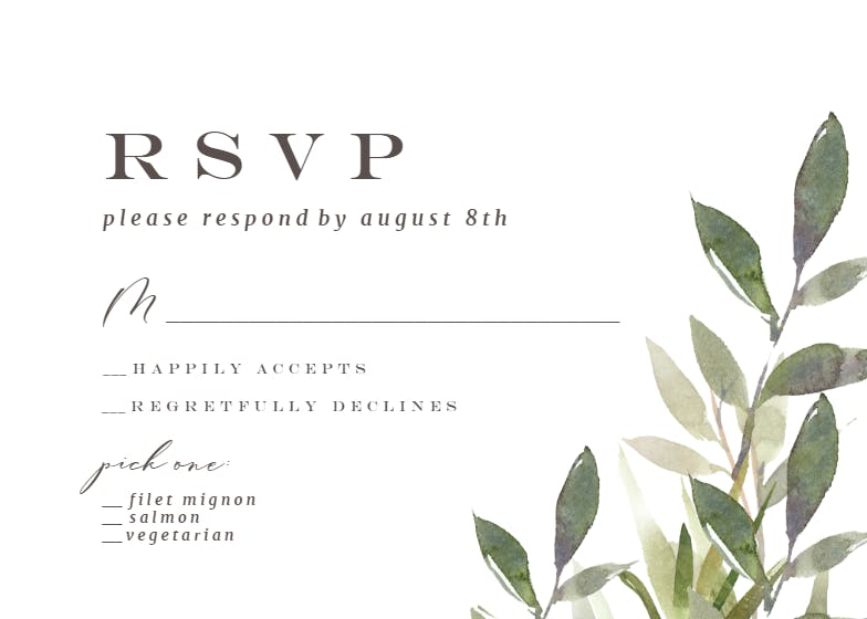 Green watercolor leaves - rsvp card