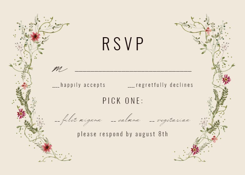 Green wreath with red flowers - rsvp card