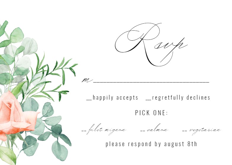 Peach and greenery -  tarjeta de confirmación de asistencia a eventos